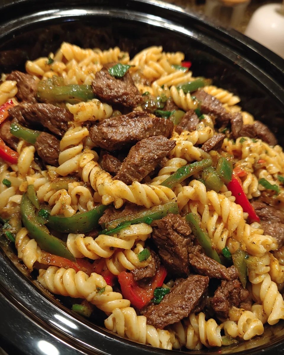Crockpot Philly Cheesesteak Pasta Casserole