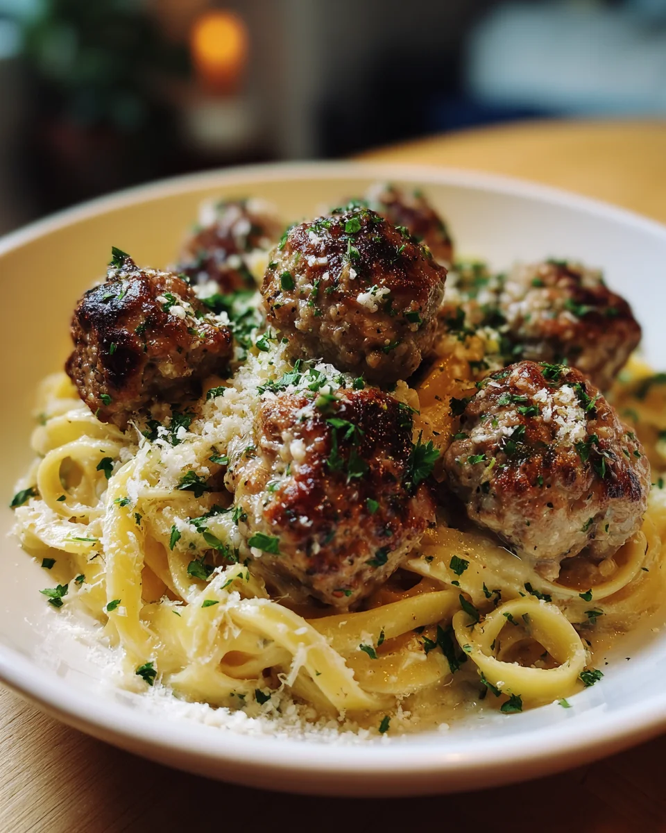 Garlic Butter Meatballs over Creamy Parmesan Linguine
