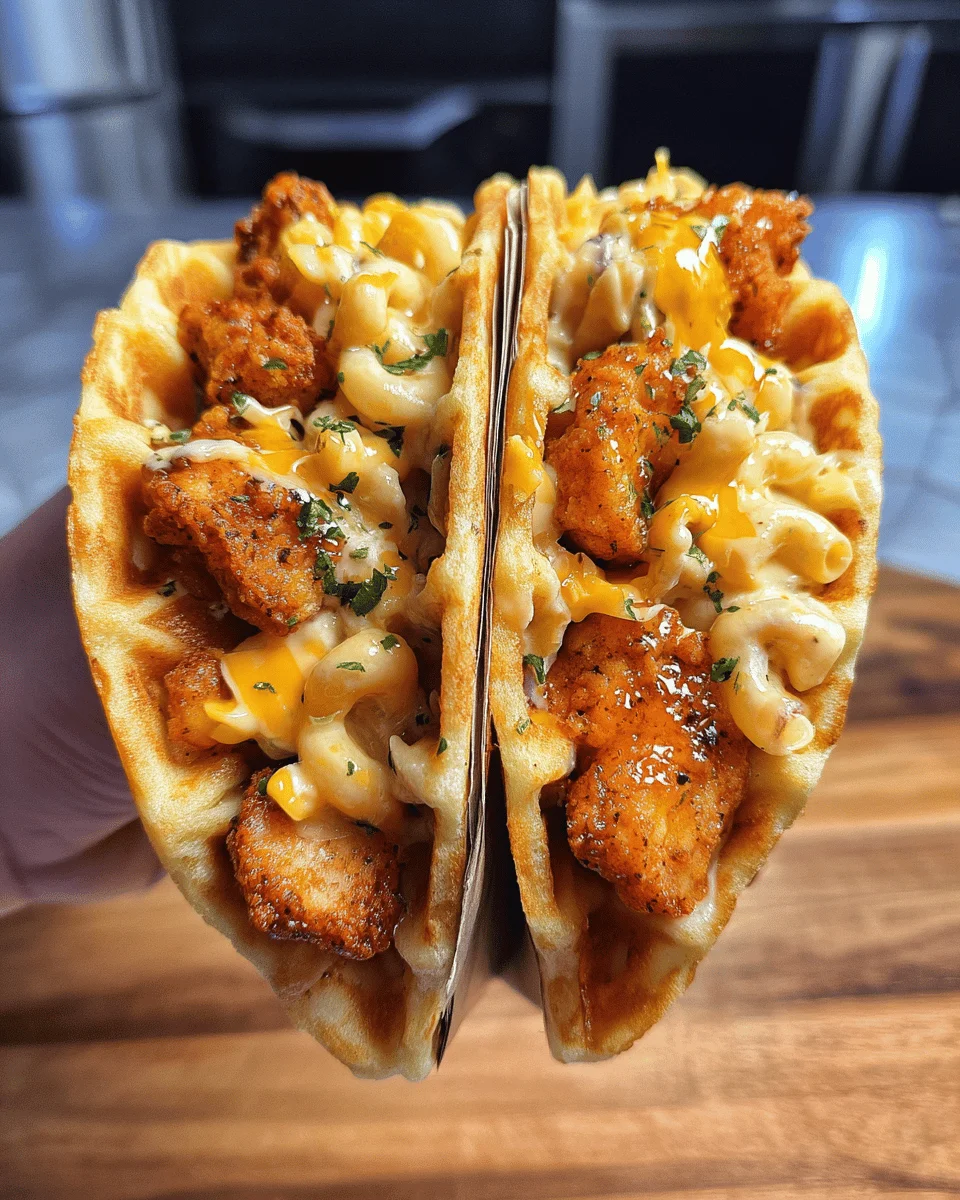 Maple Hot Chicken Mac n’ Cheese Waffle Tacos