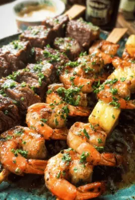 Spicy Steak and Shrimp Kabobs with Pina Colada Sauce