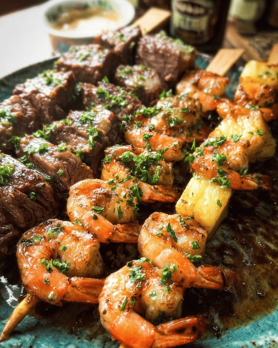 Spicy Steak and Shrimp Kabobs with Pina Colada Sauce