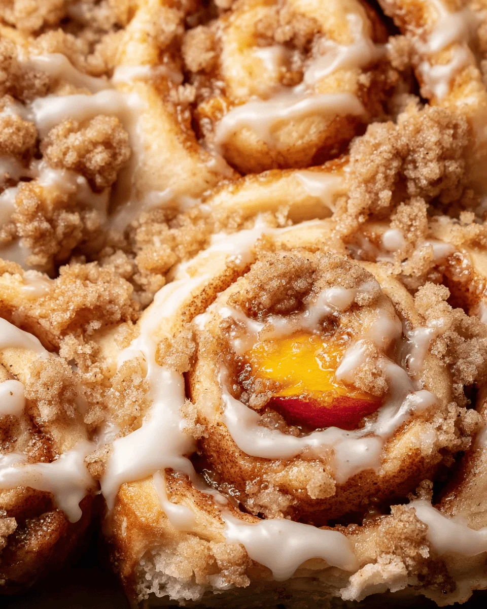 Peach Cobbler Cinnamon Rolls with Crumb Topping